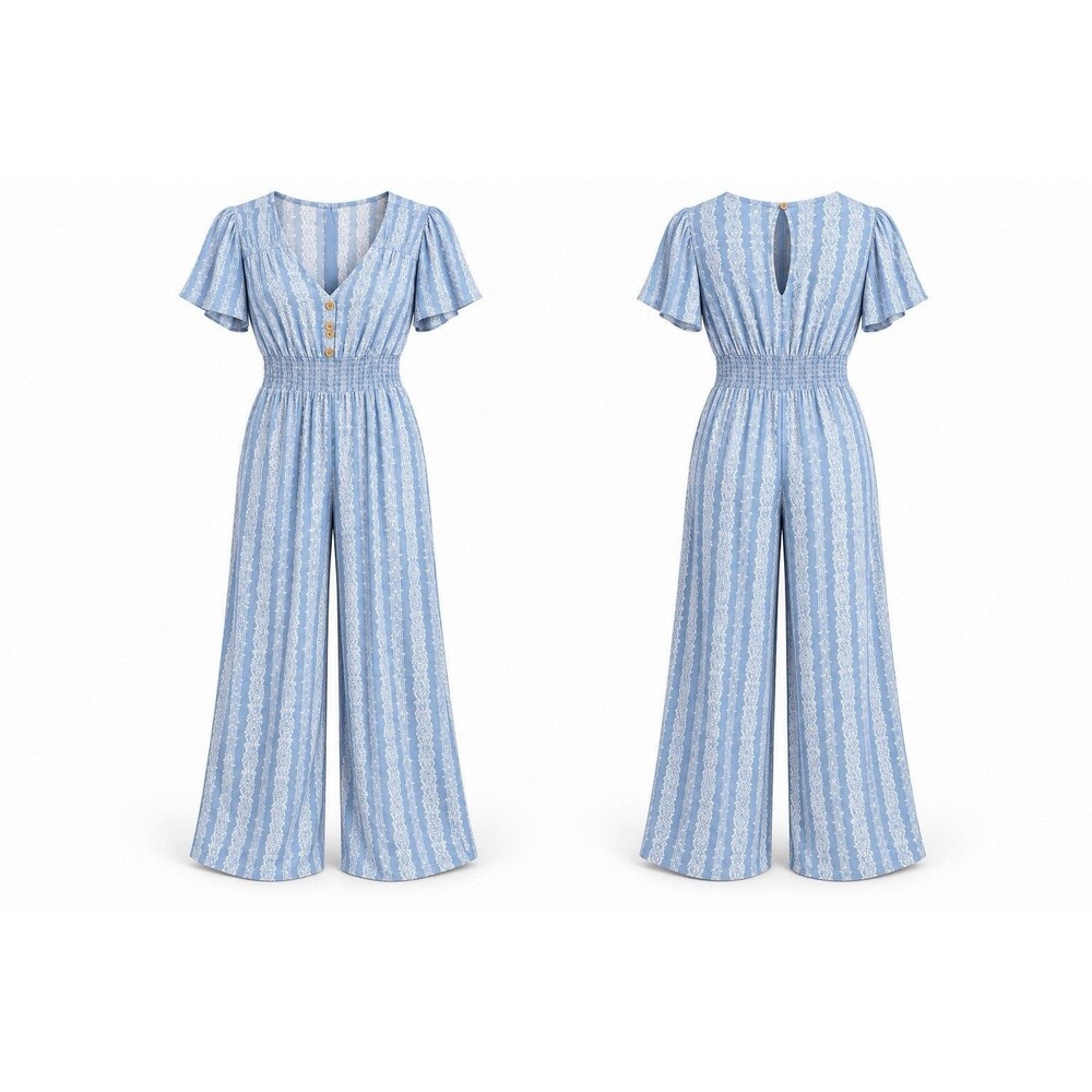 Japna Blue Floral Jumpsuit Small Flutter Sleeve Smocked Waist Wide Leg